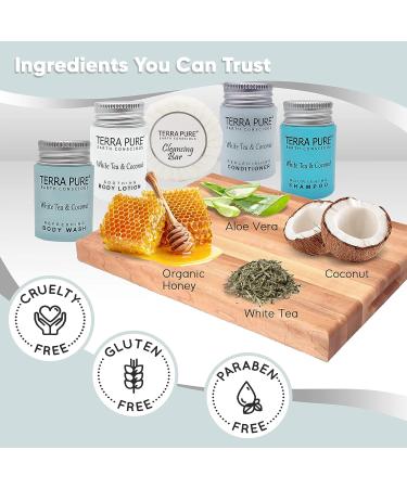 White Tea and Coconut Hotel Soaps & Toiletries Bulk Set | Terra Pure Collection | 1oz Shampoo, Conditioner, Body Wash, Lotion & 1.25oz Bar Soap | 75-Piece Travel Size Kit - Buy Online on SooperMarket.com