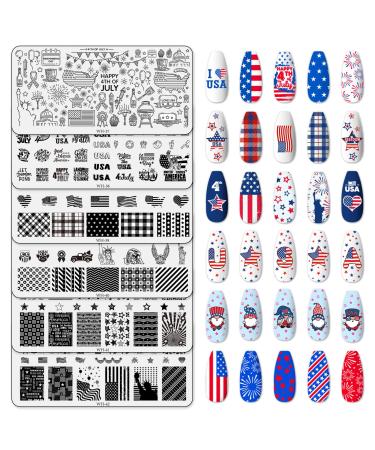 Whaline 6 Sheets Patriotic Nail Stamping Plates Kit Happy 4th of July American Flag Stars Gnome Image Stamp Templates 4th of July Nail Art Plates for Independence Day DIY Print Manicure Salon Design