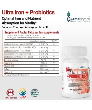 Probiotics Iron Supplements for Women & Men - 500 mg (60 Iron Caps) Probiotics 10 Billion CFU/g & Vitamins C B12 E & Folate - Iron Bisglycinate Blood Builder - Vegan Iron Probiotics for Men & Women - Buy Online on SooperMarket.com