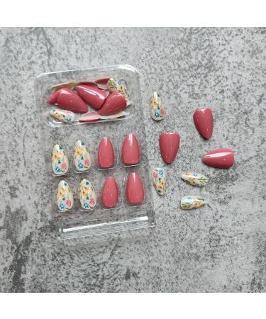 Almond Press on Nails - Short Floral Acrylic Nails Kit | Glossy Fall Design | 24Pcs Reusable Stick On Nails for Women & Girls - Buy Online on SooperMarket.com