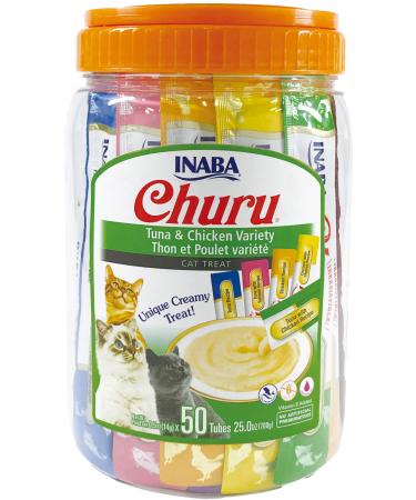 INABA Churu Cat Treats, Grain-Free, Lickable, Squeezable Creamy Pure Cat Treat with Taurine & Vitamin E, 0.5 Ounces Each Tube, 50 Tubes Total Tuna and Chicken Variety Pack
