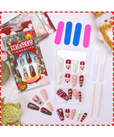 MELLIEX Christmas Fake Nails Artificial Full Cover Press on Nails 48 Pieces Xmas Coffin False Nail Tips Santa Claus Snowflake Elk Nail Art Decorations with Nail Glue and Nail Files - Buy Online on SooperMarket.com