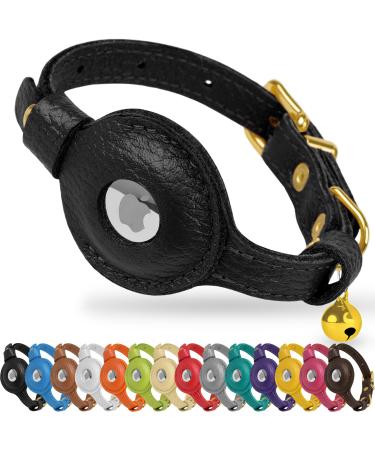 Oopsdoggy Airtag cat collar made of leather with bells not tearable with Apple Airtag holder light GPS pet collar for girls boys cats small dogs puppies (black)