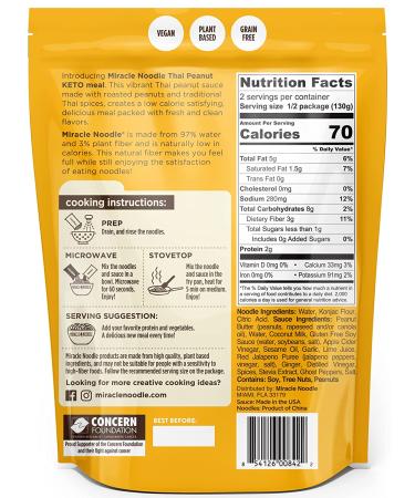Miracle Noodle Thai Peanut Shirataki Noodles - Gluten Free, Vegan, Non GMO, Low Calorie, Keto - 9.2 Oz (6-Pack) - Buy Online on SooperMarket.com