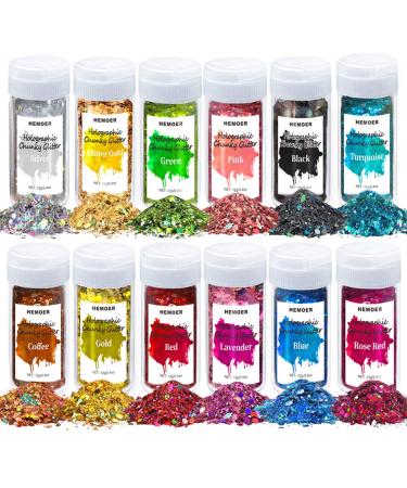 HEMOER Holographic Chunky Glitter, 12 Colors Chunky Glitter Sparkle Sequins, Cosmetic Craft Glitter Set for Epoxy Resin, Body, Face, Nail, Slime, Wedding Festival Party Decoration - 0.42oz Each Bottle