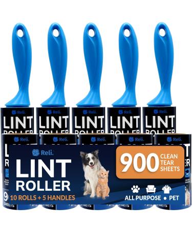 Reli. Lint Rollers for Pet Hair Extra Sticky 900 Sheets Total | Dog & Cat Hair Remover | 10 Rolls + 5 Reusable Handles 90 Sheets Per Roll | Lint Remover for Clothes Couch | Easy Peel Sheets | Bulk
