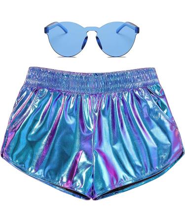 Women Metallic Shiny Shorts | Sparkly Hot Dance Bottoms for Rave & Music Festivals | Large Blue with Sunglasses - Buy Online on SooperMarket.com