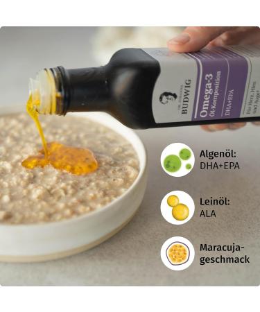 Dr.Budwig Omega 3 DHA+EPA Maracuja (100ml) - Vegan Liquid Algae Oil for Kids & Adults - High EPA & DHA Linseed Oil Blend - Buy Online on SooperMarket.com