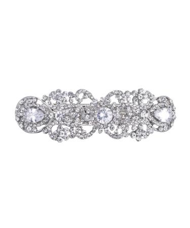 EVER FAITH Silver-Tone Austrian Crystal CZ Art Deco Flower Tear Drop Hair Barrette Clip Clear Clear Silver-Tone