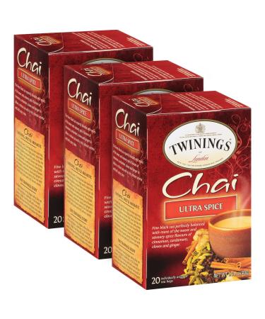 Twinings Ultra Spice Chai Tea Bags - Individually Wrapped, Black Tea with Cinnamon, Ginger, Cardamon & Clove, 20 Count (Pack of 3)