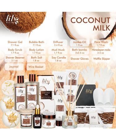 Coconut Milk Spa Gift Basket for Women - 18pc Bath Set with Bombs, Bubble Bath, Shower Gel, Scrub & More - Buy Online on SooperMarket.com
