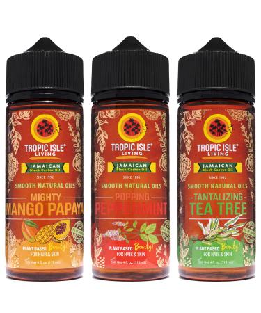 Tropic Isle Living Smooth Natural Oils Mighty Mango-Papaya Popping Peppermint Tantalizing Tea Tree 4oz (Pack of 3) Bundle | Hydrates Dry Skin | Jamaican Black Castor Oil Hair Growth