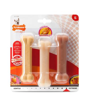 Nylabone Extreme Tough Dog Chew Toy Bones Peanut Butter Chicken Bacon Flavoured 3-Piece Small For Dogs Up To 11 kg Extreme Value Pack 3 Count (Pack of 1)