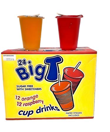 Big T Sugar-Free Cup Drinks - Orange & Raspberry 24 Bulk Pack with Paper Straws