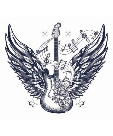 Dopetattoo 6 Sheets Temporary Fake Tattoos for Men Adults Electric Guitar Roses Angel Wing Music Notes Rock Roll Temporary Fake Tattoo for Women Neck Arm Chest for Woman