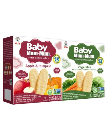 Baby Mum-Mum Rice Rusks, 2 Flavor Variety Pack, 24 Pieces (Pack of 4) 2 Each: Apple & Pumpkin, Vegetable Gluten Free, Allergen Free, Non-GMO, Rice Teether Cookie
