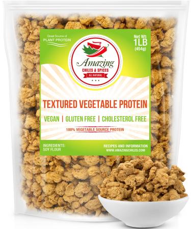 Textured Vegetable Protein (TVP), 1 lb. Bag, Natural Plant Based Vegan Protein Chunks, Non-GMO and Gluten Free Crumbles, Cholesterol Free by Amazing Chiles Pack of 1