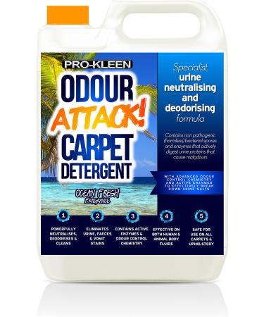 Pro-Kleen Odour Attack Pet Carpet Cleaner Shampoo Contains Active Enzymes to Digest Urine Proteins that Cause Malodours from Dogs Cats Humans Eliminates Urine Faeces & Vomit Stains - Neutralises Deodorises Suitable for All Carpet Types and Machines (5 Lit