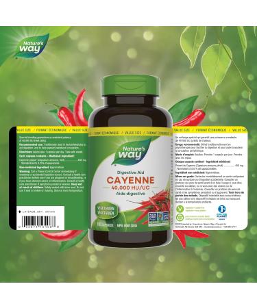 Nature's Way Cayenne 40 000 HU - Digestion Supplement Helps to aid digestion-Cayenne Pepper Capsules -Non-GMO - 180 Vegetarian Capsules Value Size - Buy Online on SooperMarket.com