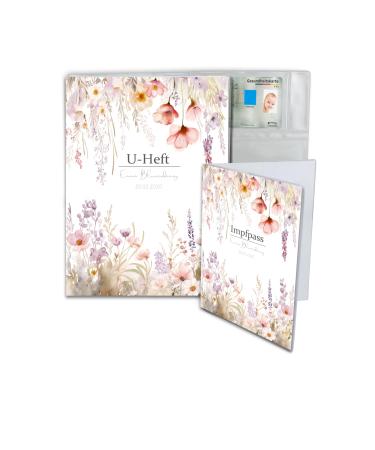 Minilino personalized u Issue cover 3-part premium set for vaccination pass & u-booklet protects important documents organizer for examination booklet (flower miracle white)