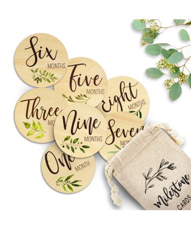 Beautiful Baby Monthly Milestone Cards - The Perfect Newborn Photography Props to Document Your Babys Growth - 10 Reversible Wooden Circles/Discs incl. Announcement & Hello World Sign