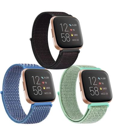 Pack 3 Nylon Loop Bands Compatible with Fitbit Versa 2, Fitbit Versa Lite, Fitbit Versa Band, Soft Adjustable Breathable Replacement Band for Women Men (Black Sand+Green+Blue)