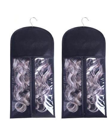 2PCS Hair Extension Holder with Wooden Hanger, Portable Wig Bags Storage, Dust-proof Hair Extension Hanger for Hairpiece Human Hair Black + Black