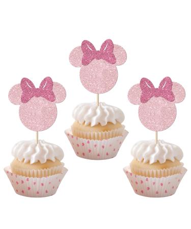 36 Pack Mini Mouse Inspired Cupcake Toppers Glitter Mouse Birthday Cupcake Picks with Bow for Baby Shower Kids Birthday Party Cake Decorations Supplies Gold Rosegold Pink 1-pink