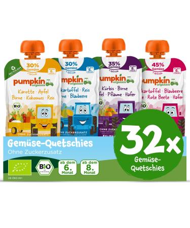 Pumpkin Organics 32 Pack Querbet Bio Vegetables Quetschies - Quetschie without adding sugar - Baby food for babies from the 8th month - vegetarian (32x100g) 32 by pack