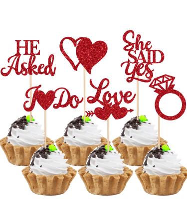 36 Pack He Asked She Said Yes Cupcake Toppers Glitter Love Heart I do Ring Cupcake Food Picks for Wedding Engagement Bridal Shower Party Cake Decorations Supplies Red