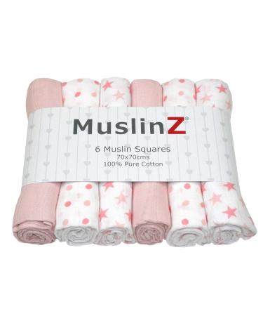MuslinZ 6pk Baby Muslin Squares Burp Cloths Dribble Cloth Breastfeeding Cover 70x70cm 100% Pure Cotton Absorbent & Breathable (Pink Star)