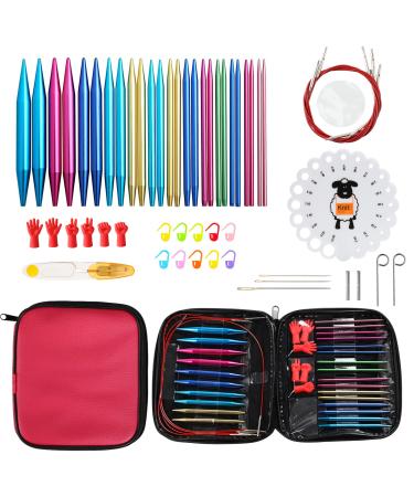 LOOEN 37pcs Aluminum Circular Knitting Needles Set with Ergonomic Handles 13 Size Interchangeable Crochet Needles with Storage Case for Small Project (Style 1) Rose Red