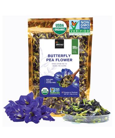 Incas 100% USDA Organic Butterfly Pea Flower 4.41 oz (375+ Cups) Fresh Harvest From Thailand Non GMO Verified Dried Butterfly Pea Flowers Caffeine Free Gluten Free Vegan Rich in Antioxidants Free eBook 4.41 Ounce (Pack of 1)
