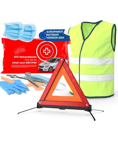 3 In 1 Set - Auto & Car first aid kit 2024: EN ISO 20471 Conformer first aid kit first -aid pocket and warning vest warning triangle - car accessories & breakdown set