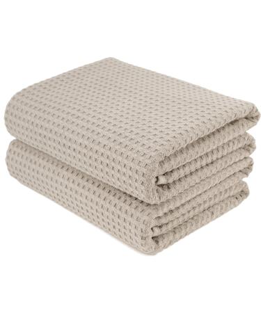 POLYTE Microfiber Oversize Quick Dry Lint Free Bath Towel, 60 x 30 in, Set of 2 (Beige, Waffle Weave)
