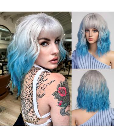 Haircube short charming bob with bangs wigs for woman nature heat -resistant synthetic fiber party/cosplay/costume/daily wig (light gray ombre blue) light gray ombre blue6809