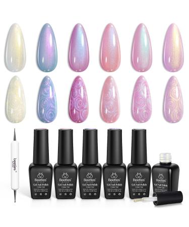 Beetles Pearl Gel Nail Polish 6 Colors Shimmer Pearl White Pink Purple Mermaid Nail Drawing Gel Polish Soak Off Uv Led Gel Polish Swirl Shell Thread Effect DIY Manicure Gift for Girls Women 0-0-Pearl Gel Polish