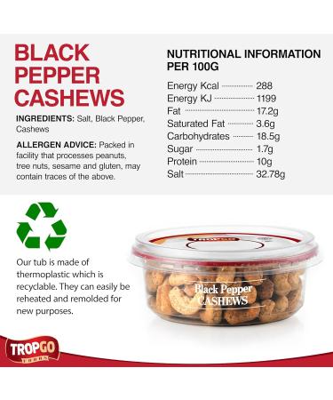 Tropgo Roasted Salted black pepper cashews - Healthy Flavoured Nuts in a Resealable and Recyclable Tub - Vegan Snack Made in Fibre and Protein Rich Caju Nuts - Guilt Free Snack for all Ages (125G) - Buy Online on SooperMarket.com
