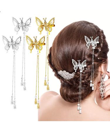 WLLHYF 4Pcs Silver Butterfly Hair Clips with Tassel - Elegant Hair Barrettes for Women, Perfect for Bride Wedding - Head Pieces Hair Accessories - Buy Online on SooperMarket.com