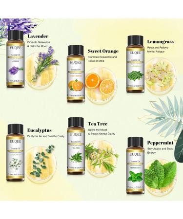 EUQEE Essential Oils Set - Lavender, Eucalyptus, Peppermint, Tea Tree, Sweet Orange, Lemongrass - 100% Pure Therapeutic Grade Aromatherapy Oils for Diffuser - 6 x 10ml White - Buy Online on SooperMarket.com