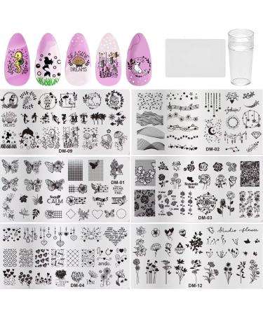 RUNRAYAY Nail Stamping Plates Set 6Pcs Nail Templates with Stamper & Scraper Nail Stamper Nail Art Plates Kits Template Plates Leaves Flowers Animal Holiday Design A + Tools