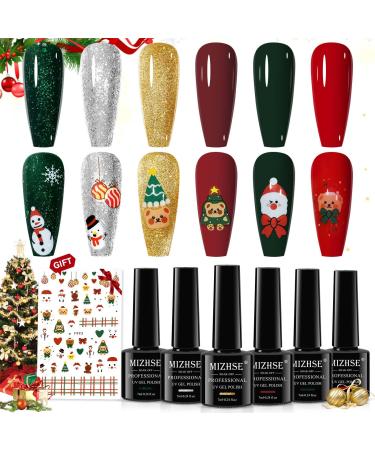 MIZHSE Christmas Gel Nail Polish Set 6 Colors Sparkle Green Glitter Gold Silver Gel Polish Dark Green Dark Red Gel Polish Kits Soak Off Nail Art Manicure Home New Year Christmas Day Gifts for Women 1- Christmas Gel Polish - 6PCS (290)