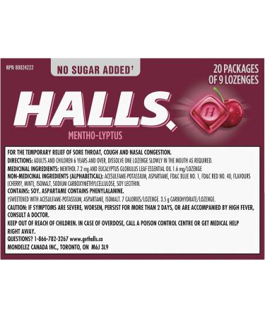 HALLS No Sugar Added Black Cherry Cough Drops Throat Lozenges Sore Throat Relief Mentho-Lyptus 9 Lozenges Cough Drops Black Cherry Singles (Full Tray) - Buy Online on SooperMarket.com