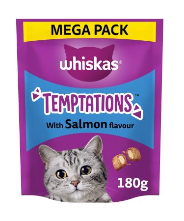WHISKAS Temptations - Tasty Crunchy Treats for Adult Cats Small Bite Size Snacks with a Delicious Salmon Flavour Filling 4x180 g Packets - Pack May Vary