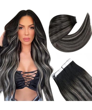 Autumn Deal LAAVOO Extensions Real Hair Tape Balayage Black Ombre Silver 16 inch/40cm Seamless Tape In Human Hair Extensions Skin Weft 50gr/20PCs Hair extension Real hair tape #1b/Silv Pack) #1B/SILVER