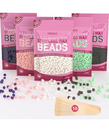 TRINIDa Wax Beads Professional Hard Wax Beads 500g with 10 Applicators For Full Body Facial and Legs Painless Gentle Wax Beads Hair Removal for Women and Men (5 packs of 100g Multi-colour) Charcoal - Milk - Rose - Lavender - Aloe Vera