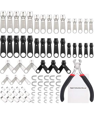 85 Pieces Zipper Repair Kit Zipper Replacement Zipper with Instruction Manual and Zipper Install Pliers Tool for Sewing Luggage Jackets Coat Jeans  Black and Silver