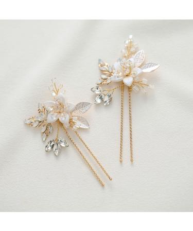 SWEETV 2Pcs Handmade Wedding Hair Pins Flower Bridal Hair Pin-Beaded Wedding Hair Accessories for Brides 1.Gold