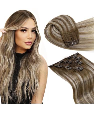 Laavoo real hair clip in extensions blonde balayage hair extension real hair clip in double tresse clip extensions real hair ombre light brown blonde 105g 7pcs #8/60/8 45cm-105g 2.5 #8/60/8