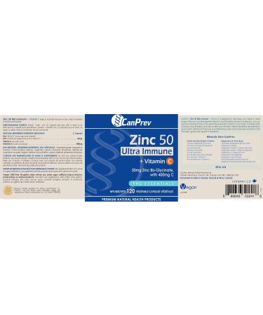 CanPrev Zinc Immune + Vitamin C | 120 Capsules | 50mg of Zinc Bis-Glycinate with 400mg of Vitamin C - Buy Online on SooperMarket.com